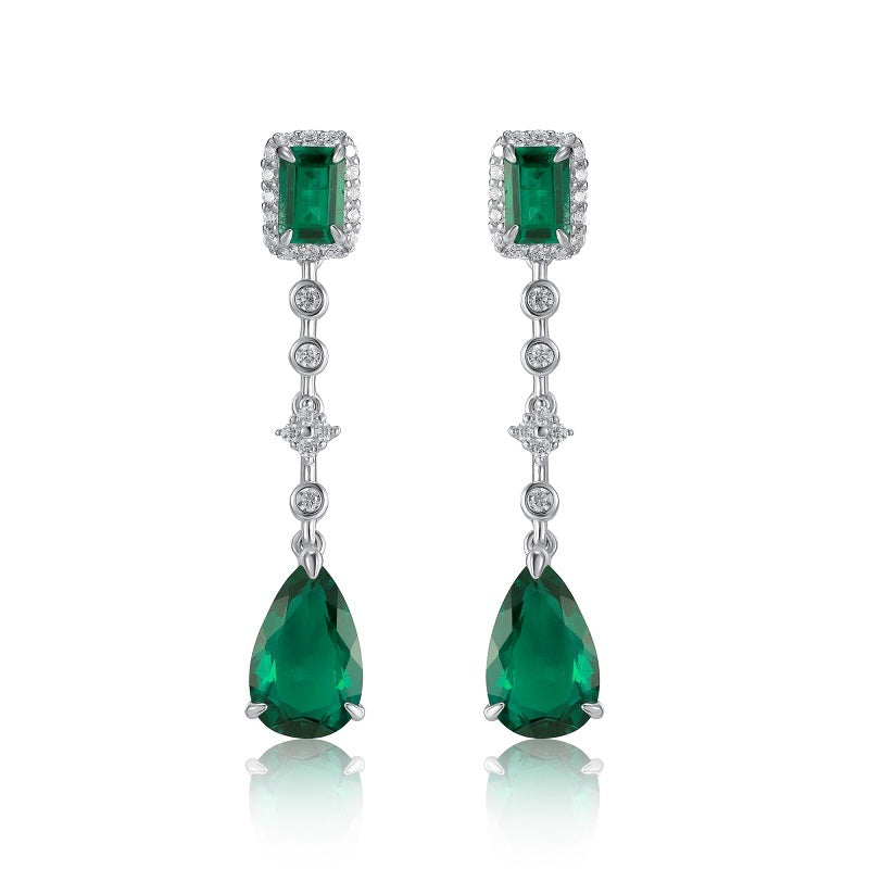 925 Sterling Silver Lab-Grown Emerald Drop Earrings | Emerald Cut & Pear Shape Dangle Earrings