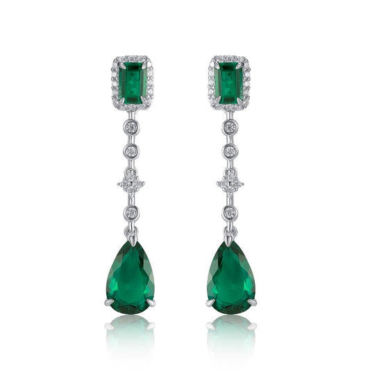 925 Sterling Silver Lab-Grown Emerald Drop Earrings | Emerald Cut & Pear Shape Dangle Earrings
