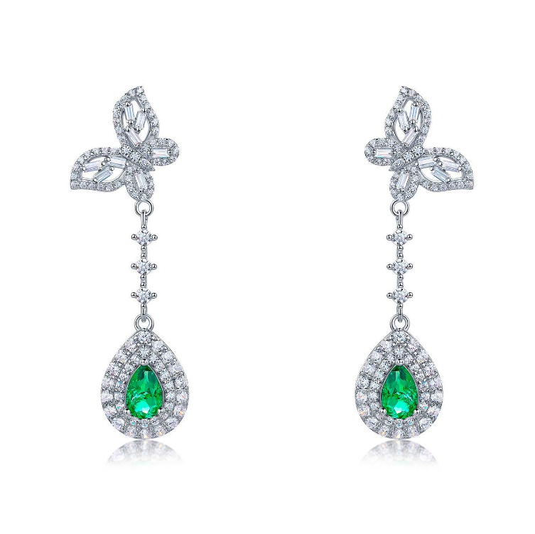 S925 Sterling Silver Butterfly Emerald Pear Cut Drop Dangle Earrings