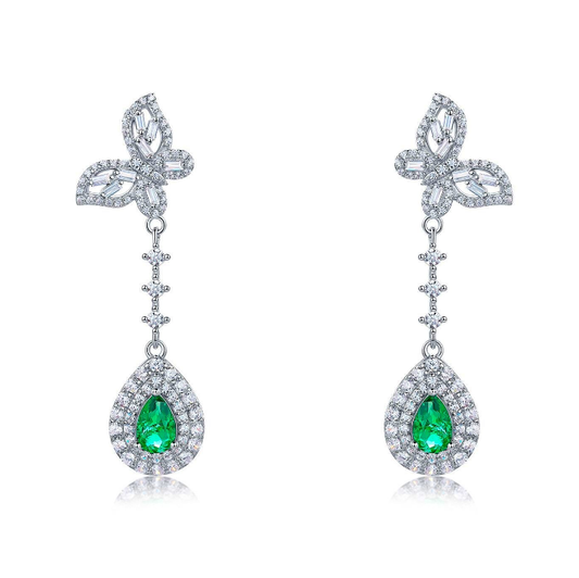 S925 Sterling Silver Butterfly Emerald Pear Cut Drop Dangle Earrings