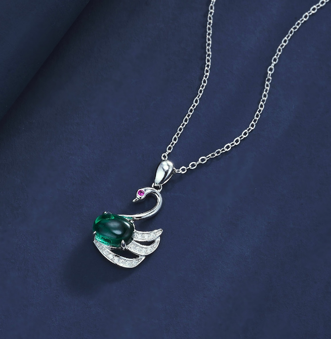 S925 Sterling Silver Lab Grown Emerald Cabochon Swan Pendant Necklace