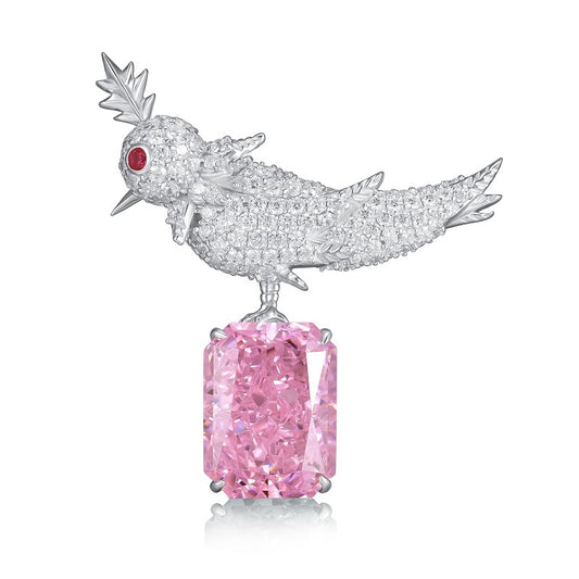 925 Sterling Silver Cubic Zirconia Bird Brooch, Radiant Cut Colored Stone Statement Lapel Pin