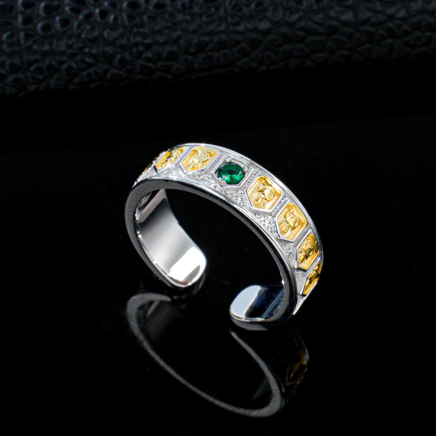 925 Sterling Silver Two-Tone Open Ring, Round Lab Grown Emerald Adjustable Band Ring with Carved Details