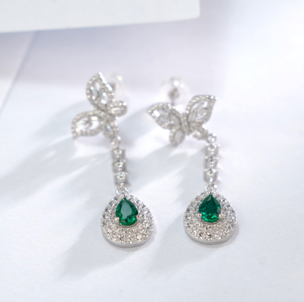 S925 Sterling Silver Butterfly Emerald Pear Cut Drop Dangle Earrings
