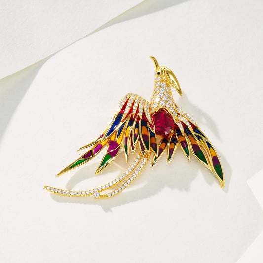 Lab Created Ruby Phoenix Brooch Pin, 925 Sterling Silver Multicolor Enamel Bird Statement Brooch, 3.16ct