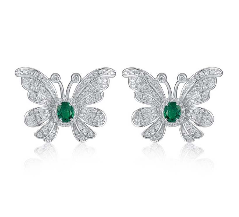 S925 Sterling Silver Emerald Butterfly Pavé Stud Earrings