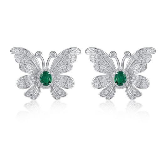 S925 Sterling Silver Emerald Butterfly Pavé Stud Earrings