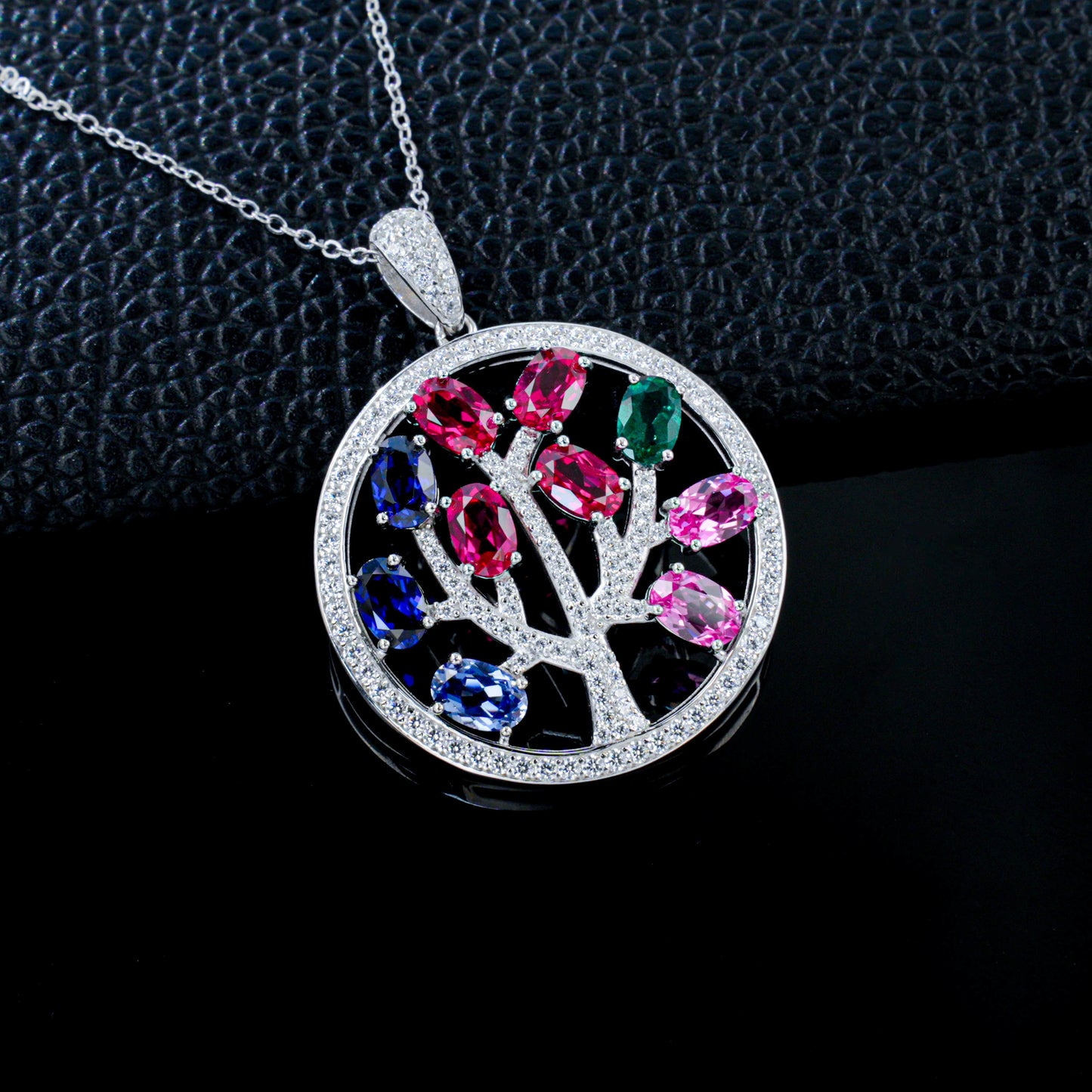 925 Sterling Silver Tree of Life Pendant Necklace, Multi-Color Lab Grown Gemstone Circle Necklace with Pave CZ