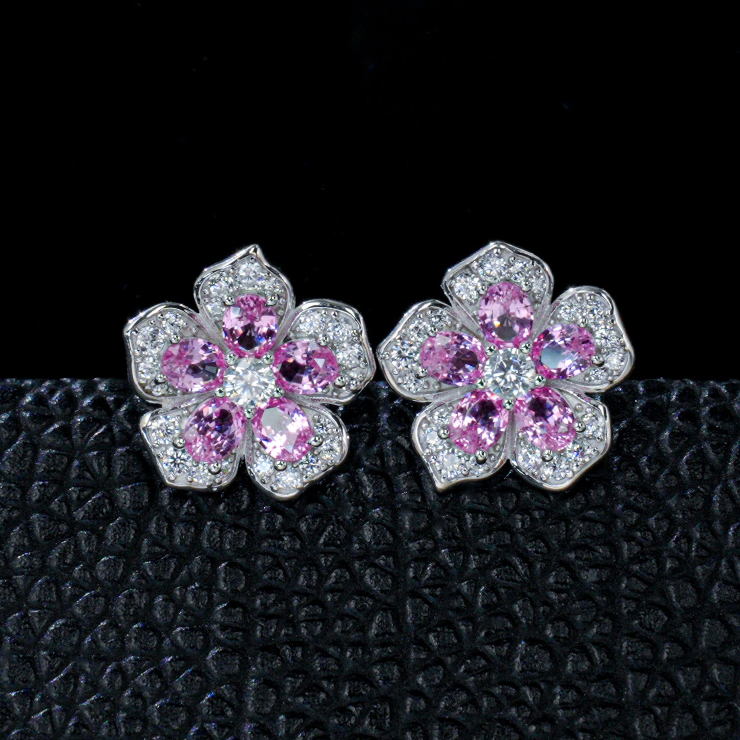 925 Sterling Silver Flower Stud Earrings, Oval Cut Lab Created Padparadscha Pink Sapphire Earrings with Pave CZ