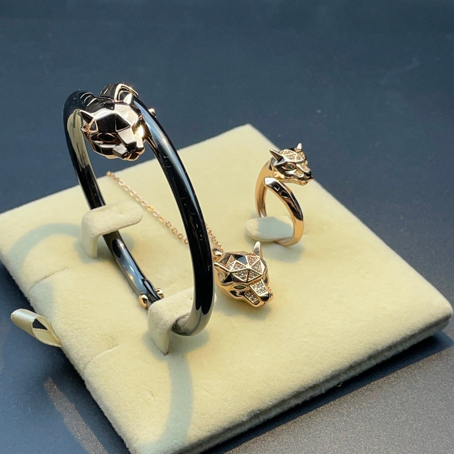 925 Sterling Silver Panther Head Nano Ceramic Jewelry 3-Piece Set Rose Gold