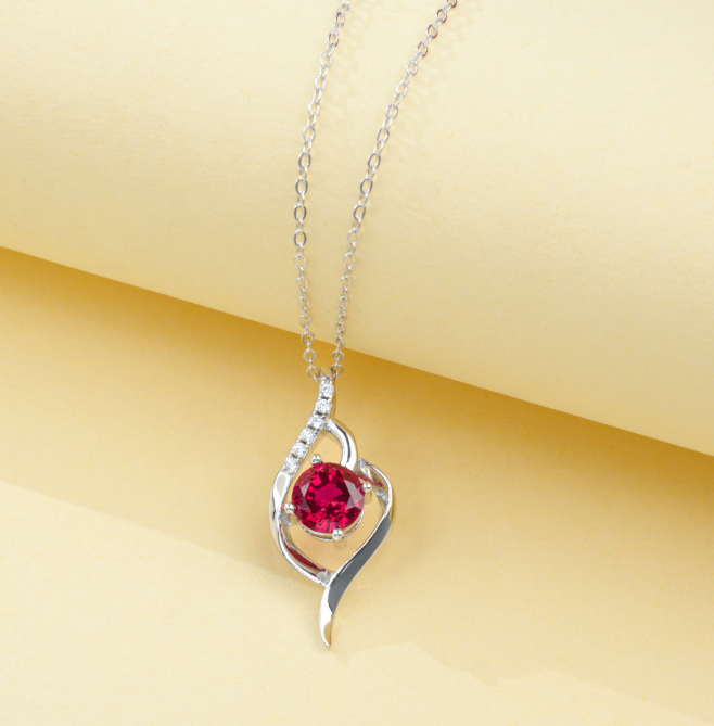 S925 Sterling Silver Lab Grown Ruby Leaf Pendant Necklace