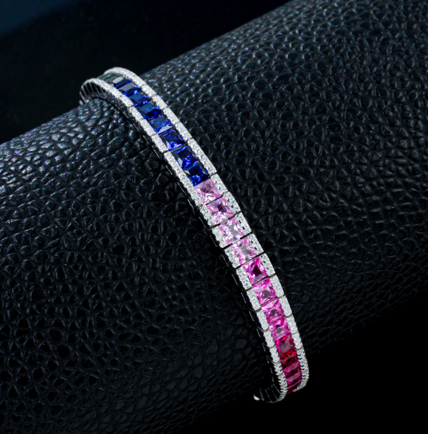 S925 Sterling Silver Gradient Colored Gemstone Tennis Bracelet