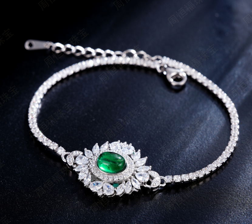S925 Sterling Silver Emerald Cabochon Vintage Starburst Adjustable Bracelet