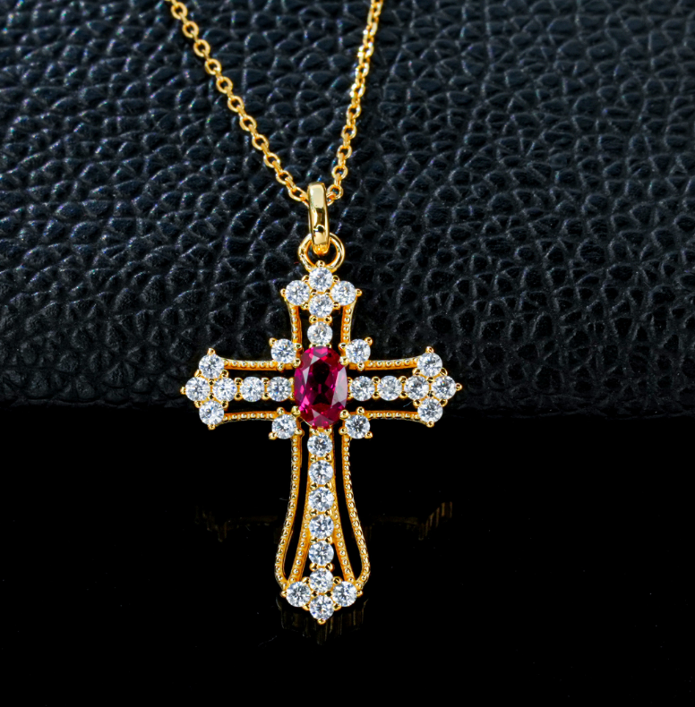 S925 Sterling Silver Lab Grown Ruby Vintage Cross Pendant Necklace