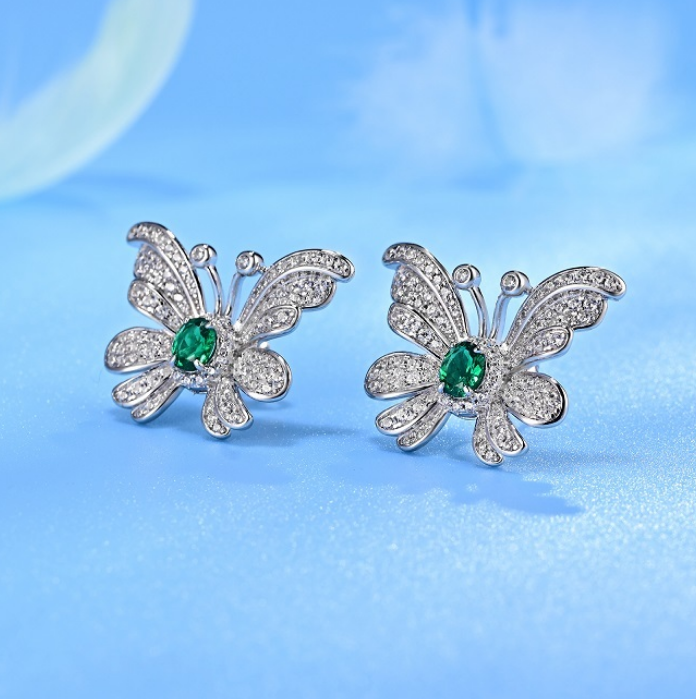 S925 Sterling Silver Emerald Butterfly Pavé Stud Earrings
