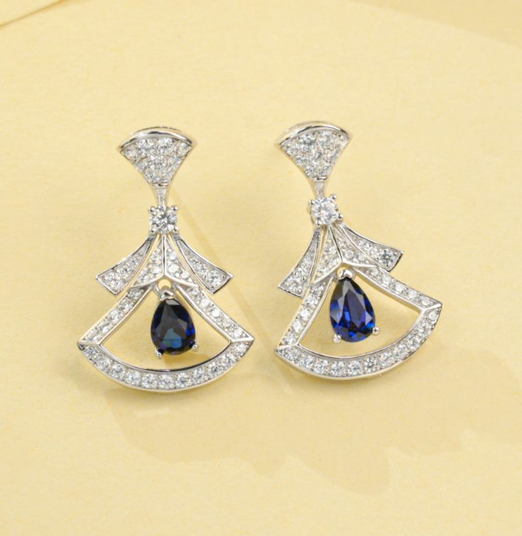 S925 Sterling Silver Lab Grown Blue Sapphire Pear Cut Skirt Shape Stud Earrings