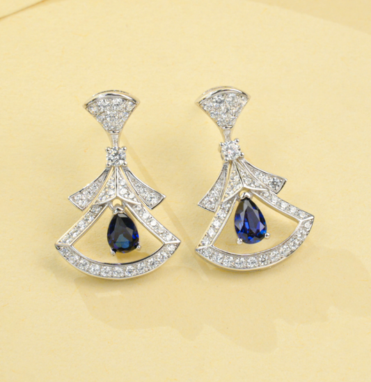 S925 Sterling Silver Lab Grown Blue Sapphire Pear Cut Skirt Shape Stud Earrings
