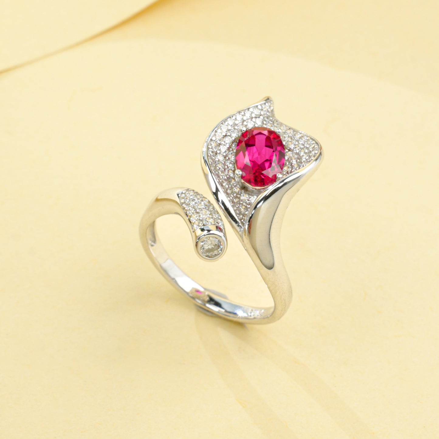 925 Sterling Silver Bypass Open Ring, 0.98ct Oval Lab Grown Ruby Adjustable Ring with Pave CZ