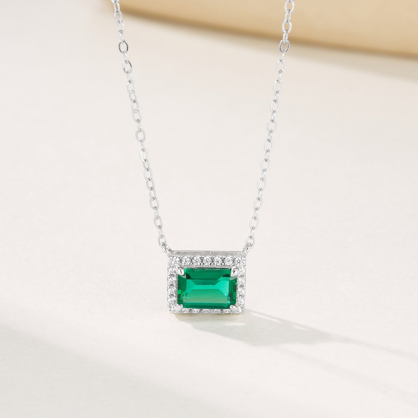 0.9CT Lab Grown Emerald Cut Halo Pendant Necklace, 925 Sterling Silver Green Gemstone Necklace