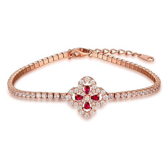 Lab Grown Ruby Four Leaf Clover Bracelet, 925 Sterling Silver Rose Gold Pave Box Chain for Women