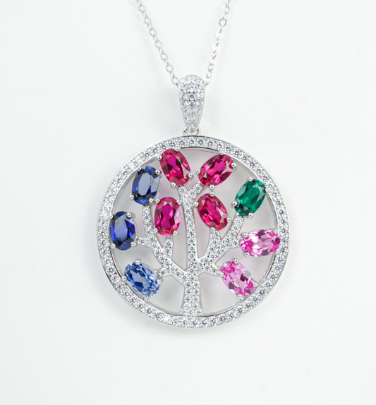 S925 Sterling Silver Multicolor Lab Grown Sapphire Tree of Life Round Pendant Necklace