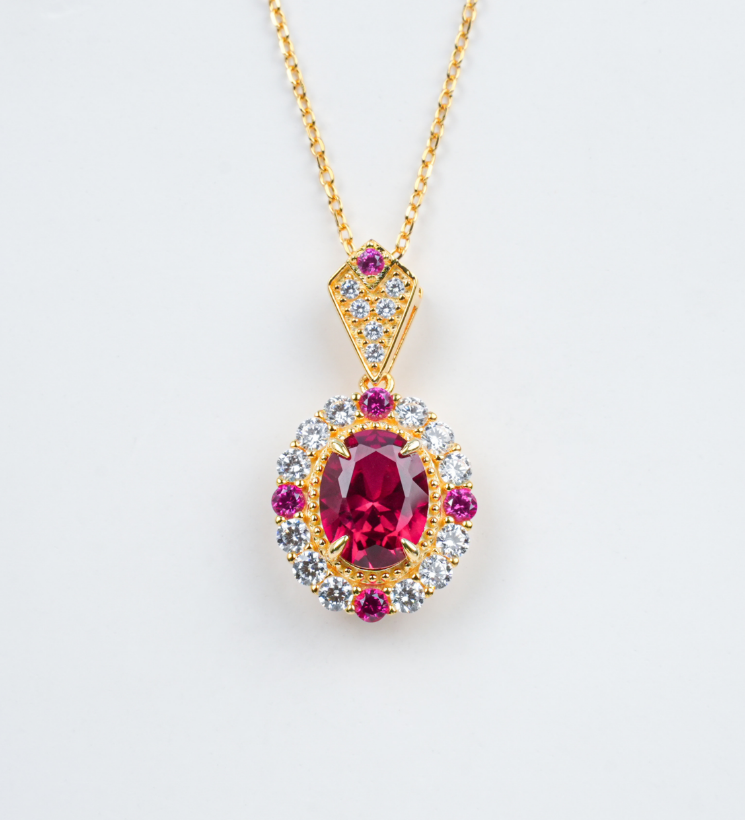 S925 Sterling Silver Lab Grown Ruby Oval Cut Halo Vintage Pendant Necklace