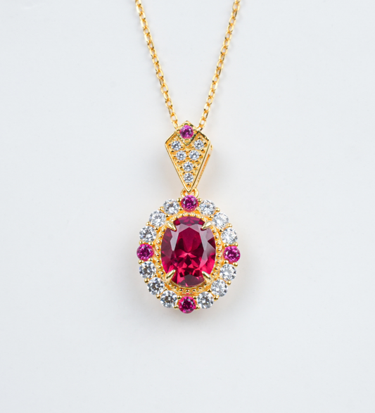 S925 Sterling Silver Lab Grown Ruby Oval Cut Halo Vintage Pendant Necklace