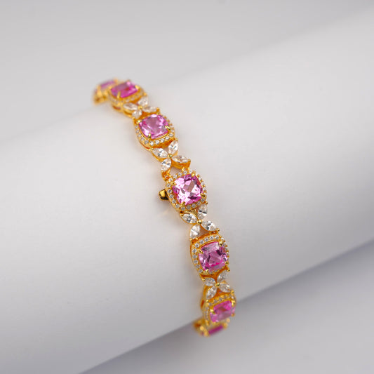 Lab Grown Padparadscha Sapphire Bracelet, 925 Sterling Silver Gold Plated, Cushion Cut Halo
