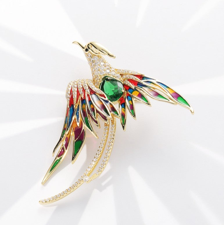 Lab Grown Emerald Phoenix Brooch, 925 Sterling Silver Multicolor Enamel Bird Pin, 2.01ct