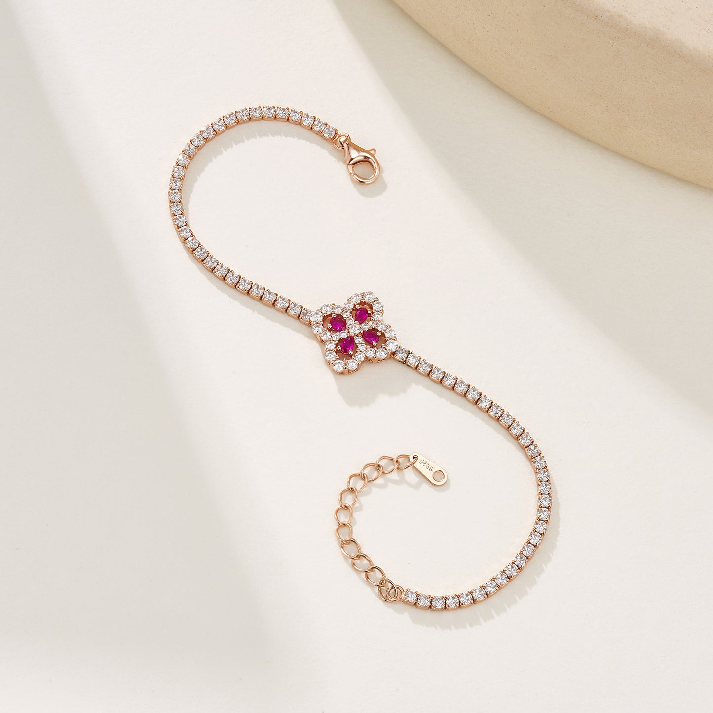 Lab Grown Ruby Four Leaf Clover Bracelet, 925 Sterling Silver Rose Gold Pave Box Chain for Women