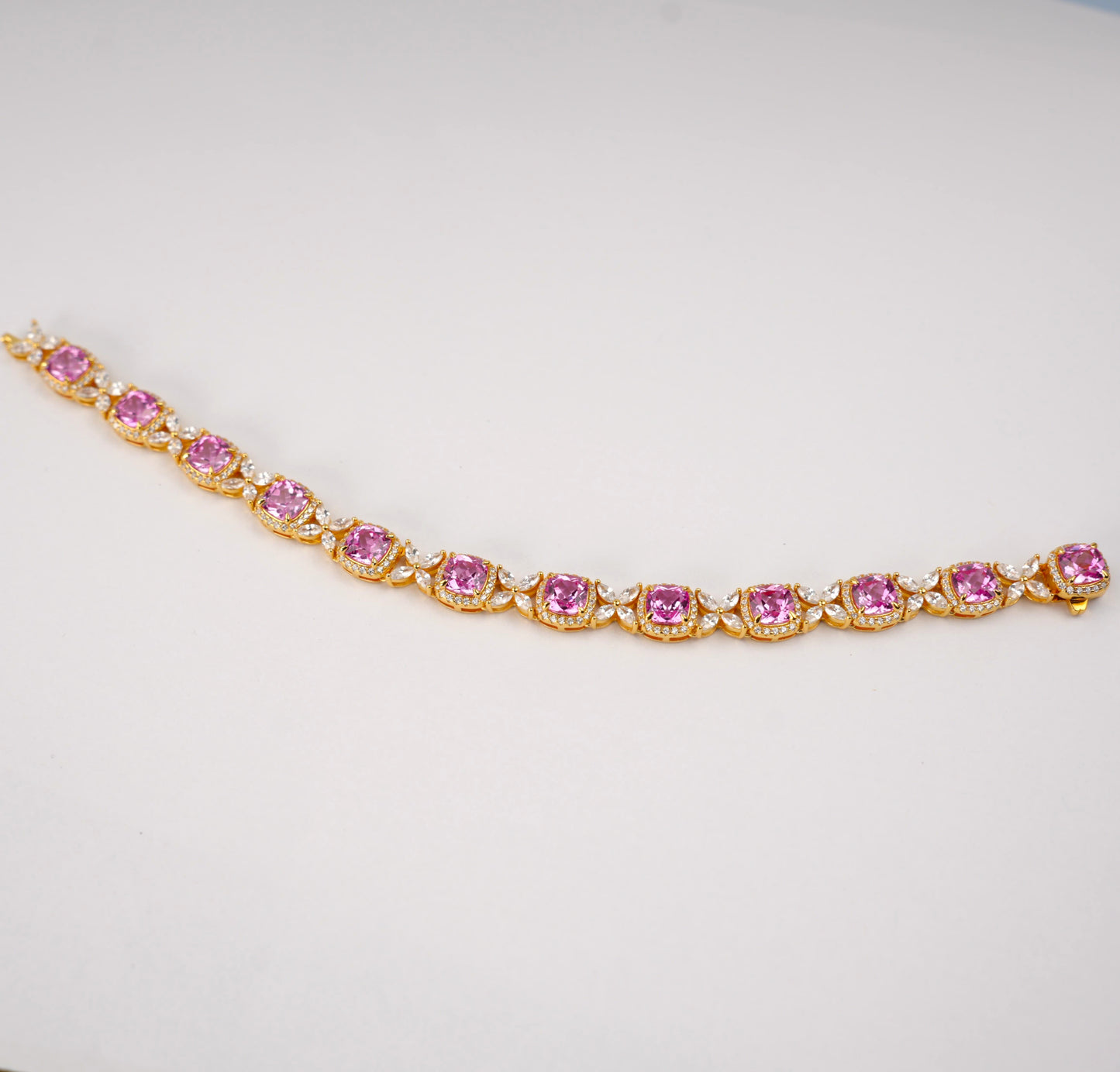 Lab Grown Padparadscha Sapphire Bracelet, 925 Sterling Silver Gold Plated, Cushion Cut Halo