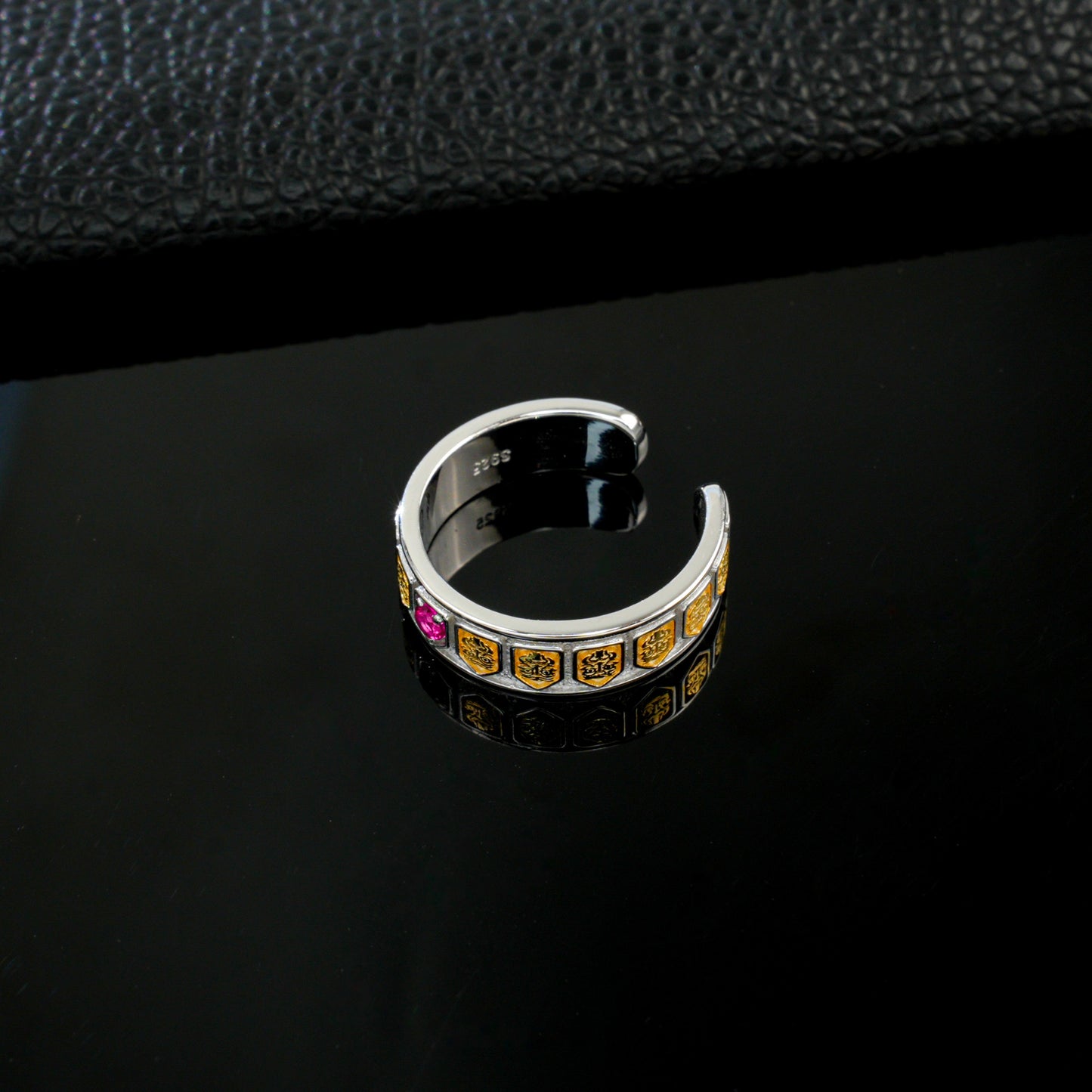 925 Sterling Silver Two-Tone Open Ring, Round Lab Grown Ruby Adjustable Band Ring with Carved Details