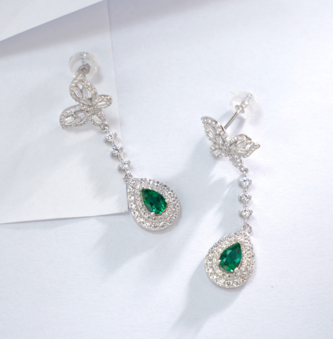 S925 Sterling Silver Butterfly Emerald Pear Cut Drop Dangle Earrings