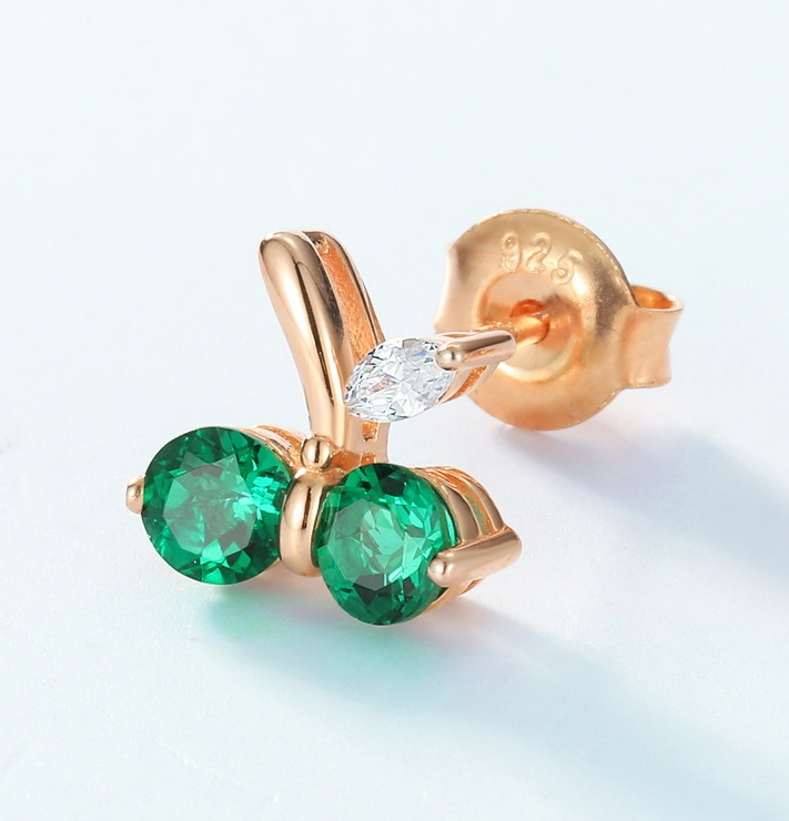 S925 Sterling Silver Rose Gold Plated Emerald Cherry Stud Earrings