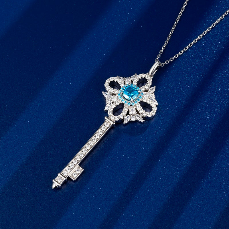 925 Sterling Silver Blue Cubic Zirconia Key Pendant Necklace | Vintage Halo Key Charm Necklace