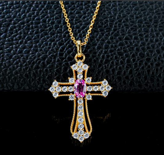 S925 Sterling Silver Lab Grown Padparadscha Sapphire Vintage Cross Pendant Necklace