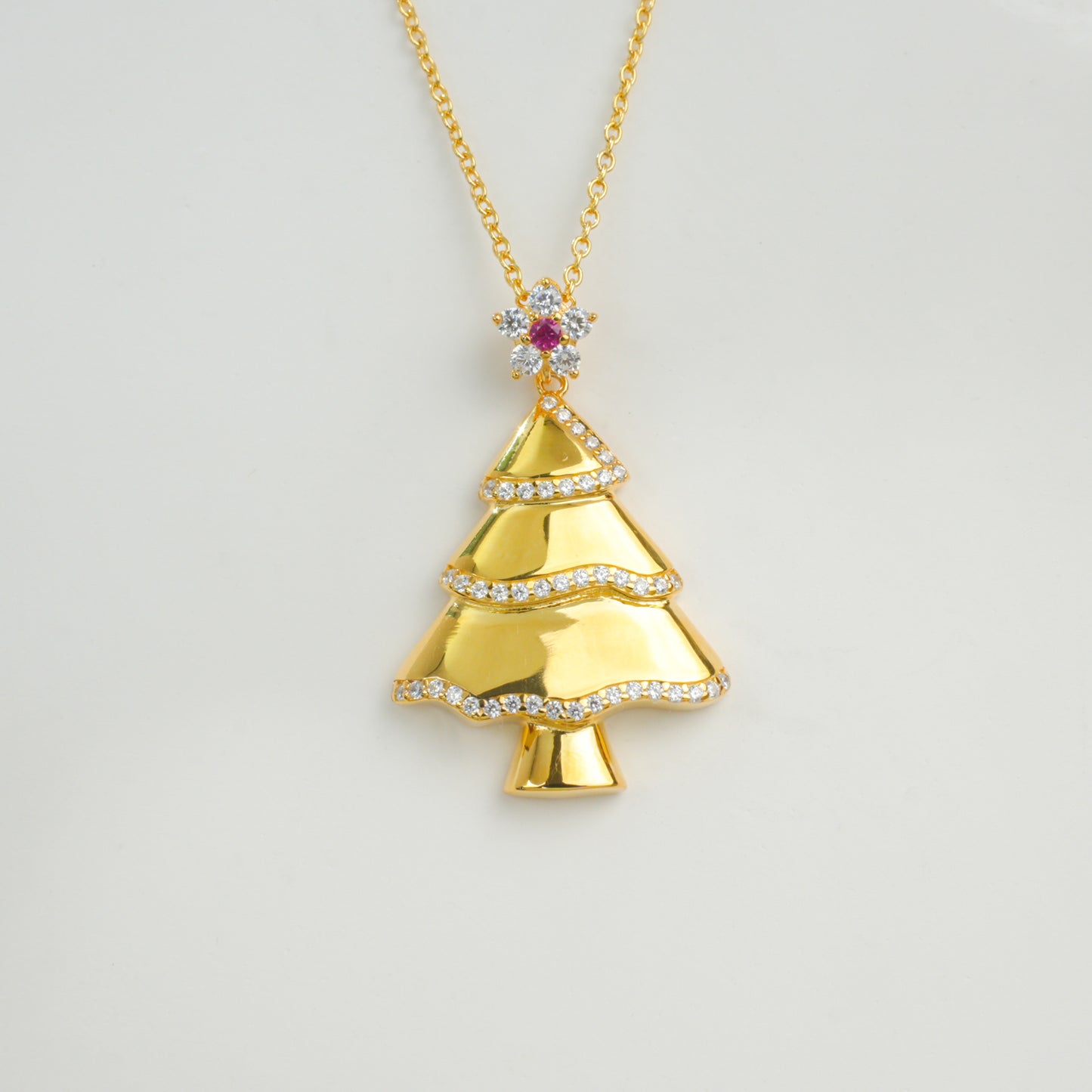 925 Sterling Silver Gold Tone Christmas Tree Pendant Necklace, CZ Paved Holiday Necklace with Ruby Red Accent