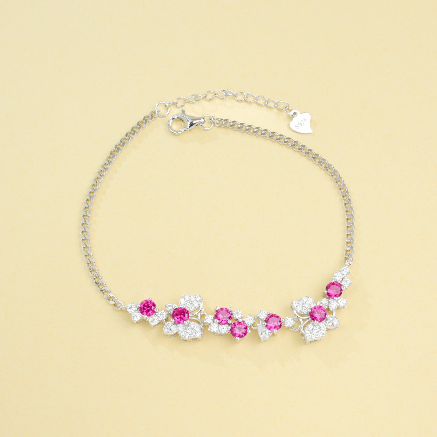 Lab Grown Ruby Floral Cluster Station Bracelet, 925 Sterling Silver 1.62ct Red Gemstone with CZ Accents, 7 Stones