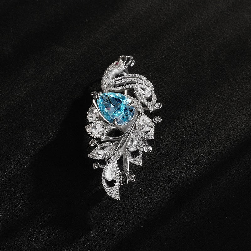 Blue Cubic Zirconia Peacock Brooch Pin, 925 Sterling Silver 10.6ct CZ Statement Bird Jewelry