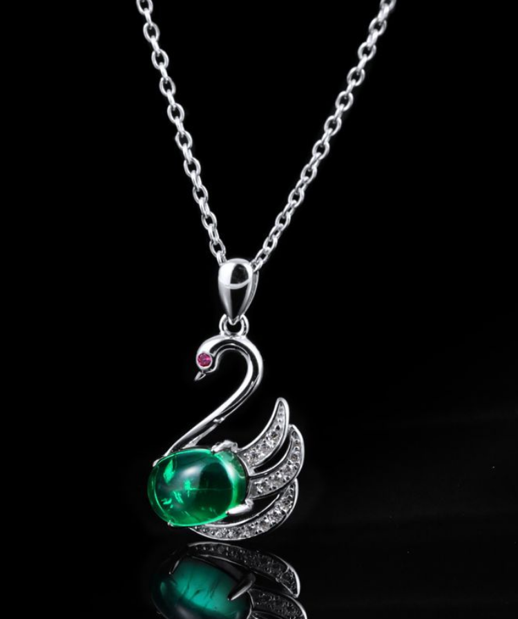 S925 Sterling Silver Lab Grown Emerald Cabochon Swan Pendant Necklace