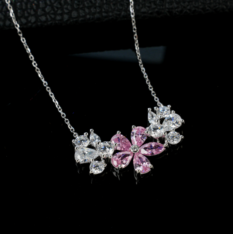 S925 Sterling Silver Pink Cubic Zirconia Flower Collar Necklace