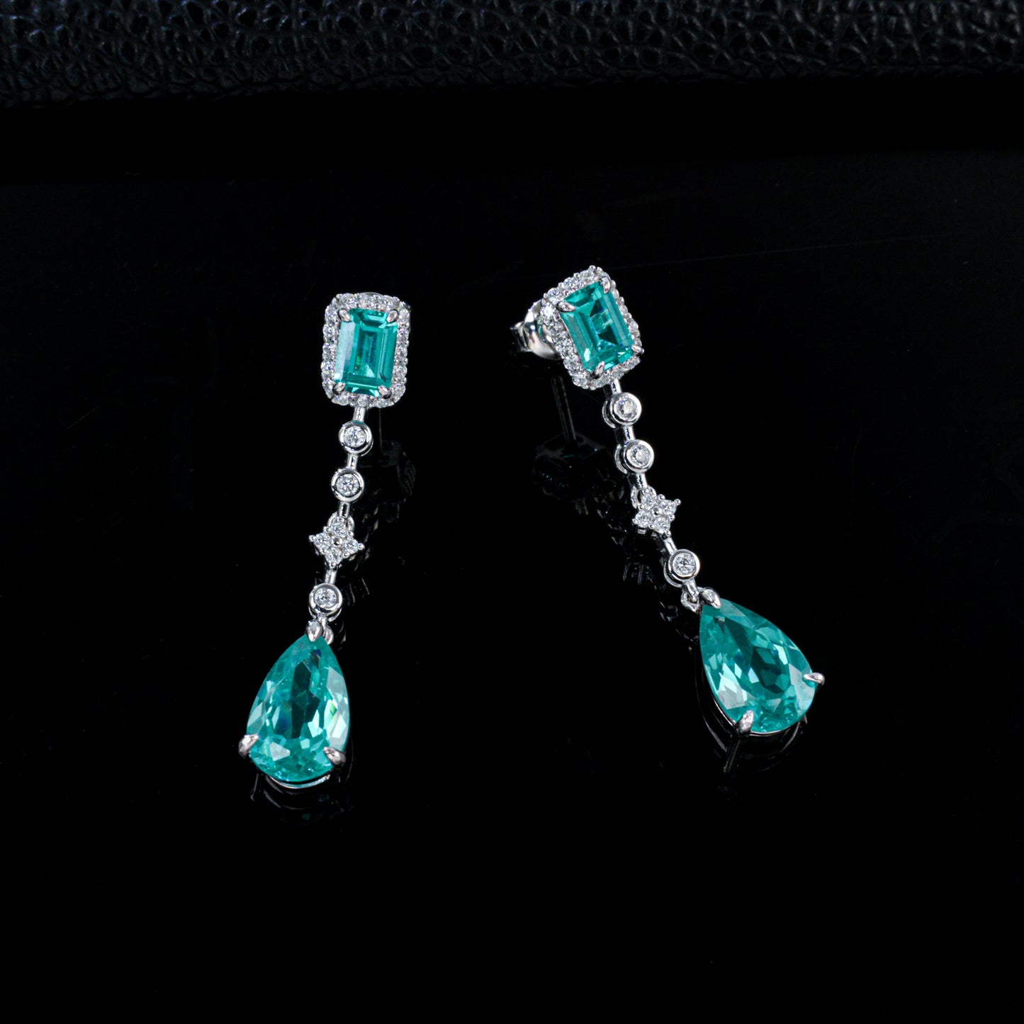 925 Sterling Silver Lab-Grown Paraiba-Color Green Garnet Drop Earrings | Emerald Cut & Pear Shape Dangle Earrings