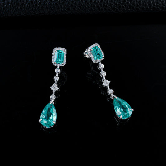 925 Sterling Silver Lab-Grown Paraiba-Color Green Garnet Drop Earrings | Emerald Cut & Pear Shape Dangle Earrings