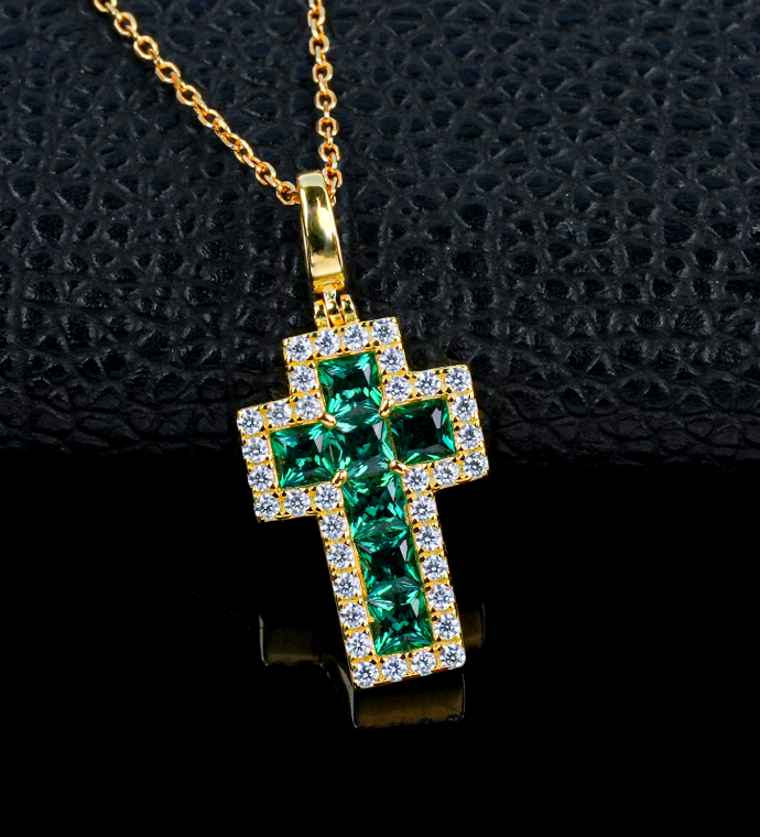 S925 Sterling Silver Lab Grown Emerald Princess Cut Halo Cross Pendant Necklace
