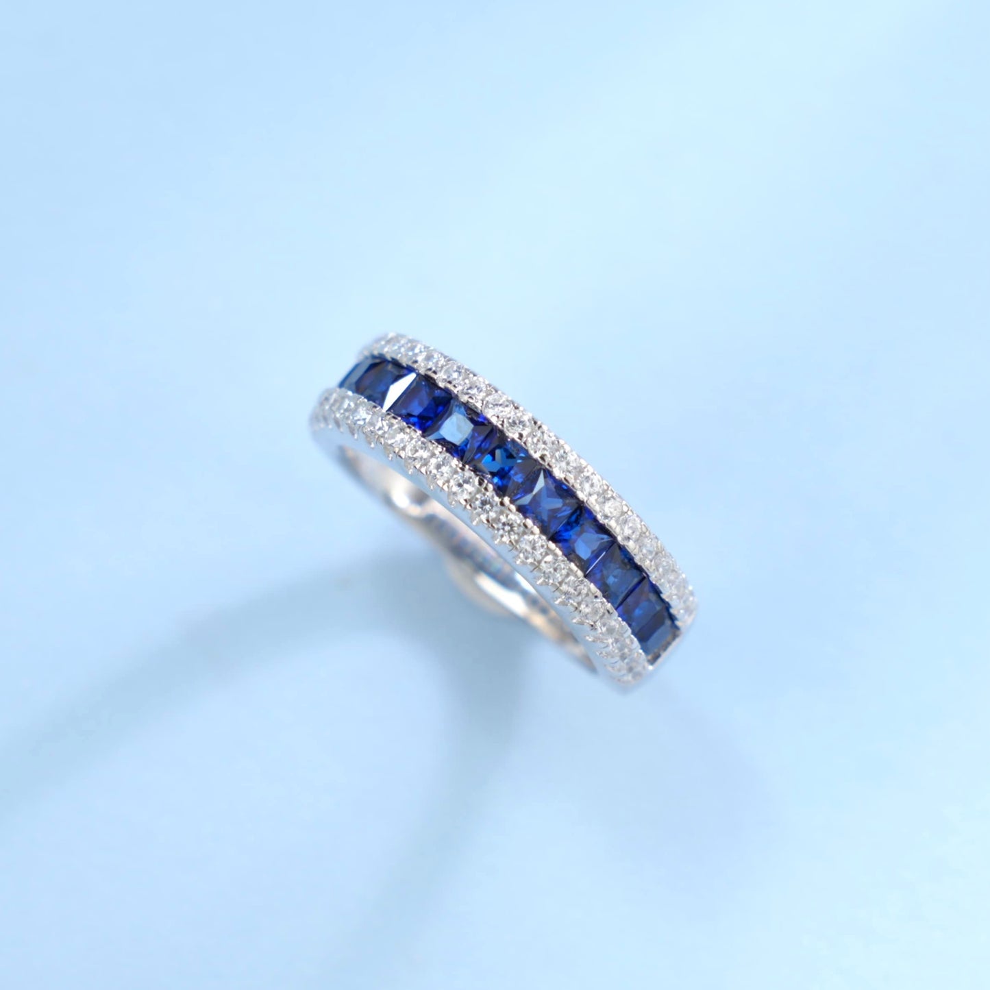 925 Sterling Silver Lab-Grown Blue Sapphire Half Eternity Ring | Channel-Set Stackable Gemstone Band