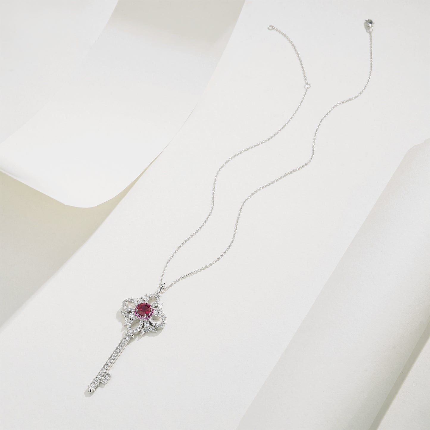 925 Sterling Silver Lab-Grown Ruby Key Pendant Necklace | Vintage Halo Key Charm Necklace