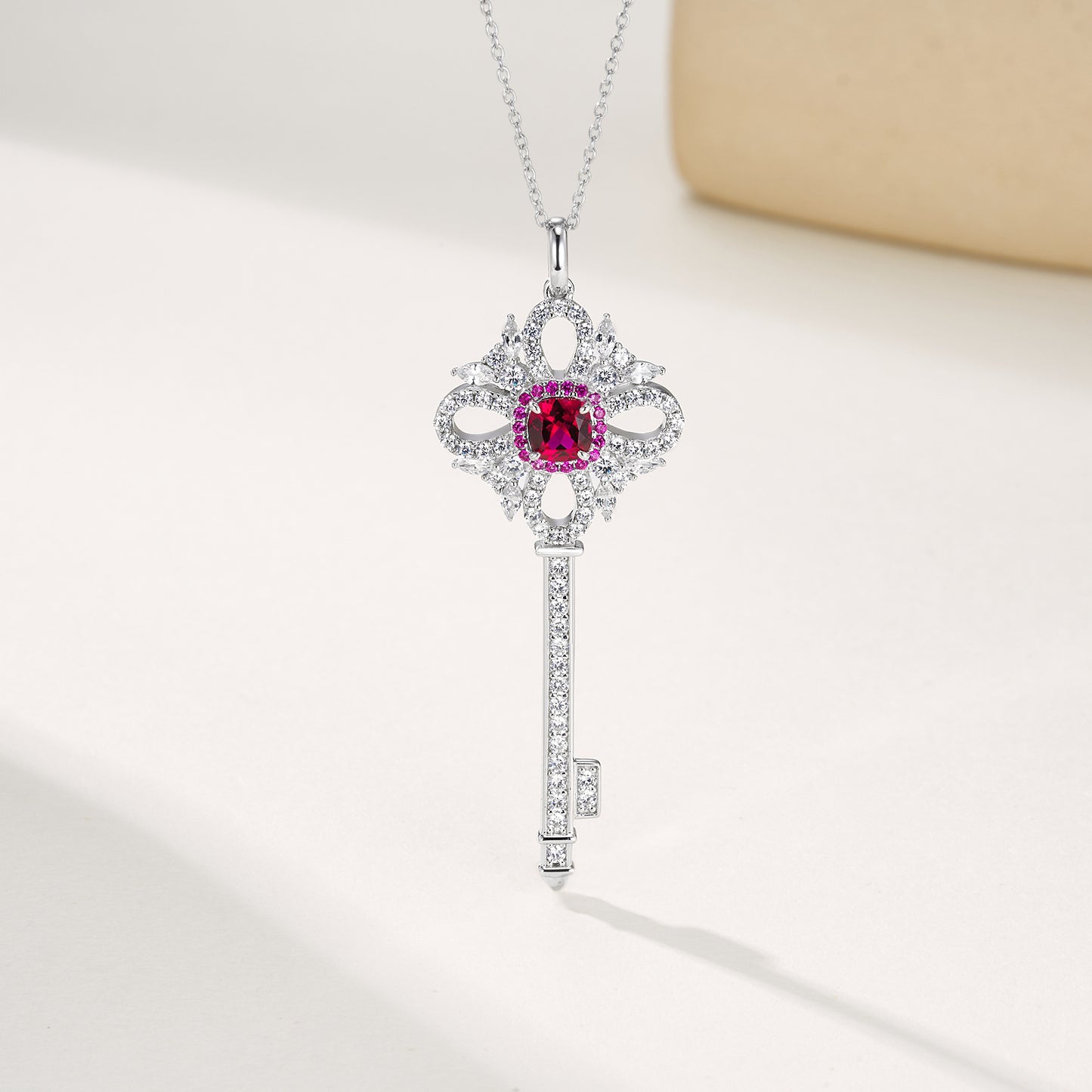 925 Sterling Silver Lab-Grown Ruby Key Pendant Necklace | Vintage Halo Key Charm Necklace