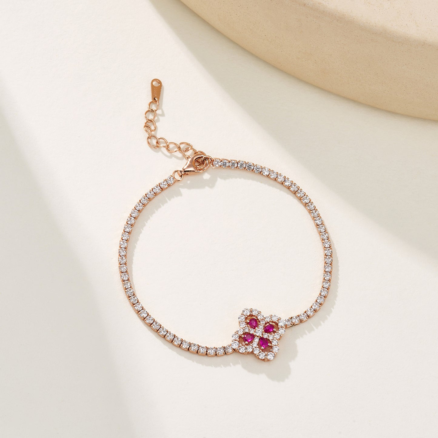 Lab Grown Ruby Four Leaf Clover Bracelet, 925 Sterling Silver Rose Gold Pave Box Chain for Women