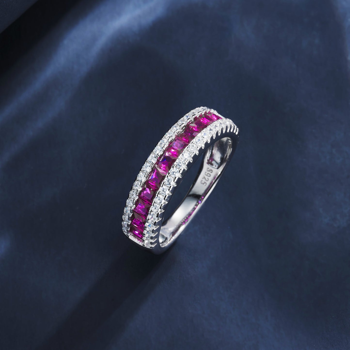 Lab Grown Ruby Half Eternity Band Ring, 925 Sterling Silver Princess Cut Channel Set Stackable Ring