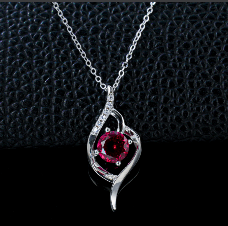 S925 Sterling Silver Lab Grown Ruby Leaf Pendant Necklace